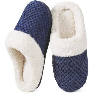 Women's Blue Warm Winter Memory House Fleece Fuzzy Foam Slip On Slippers Shoes
